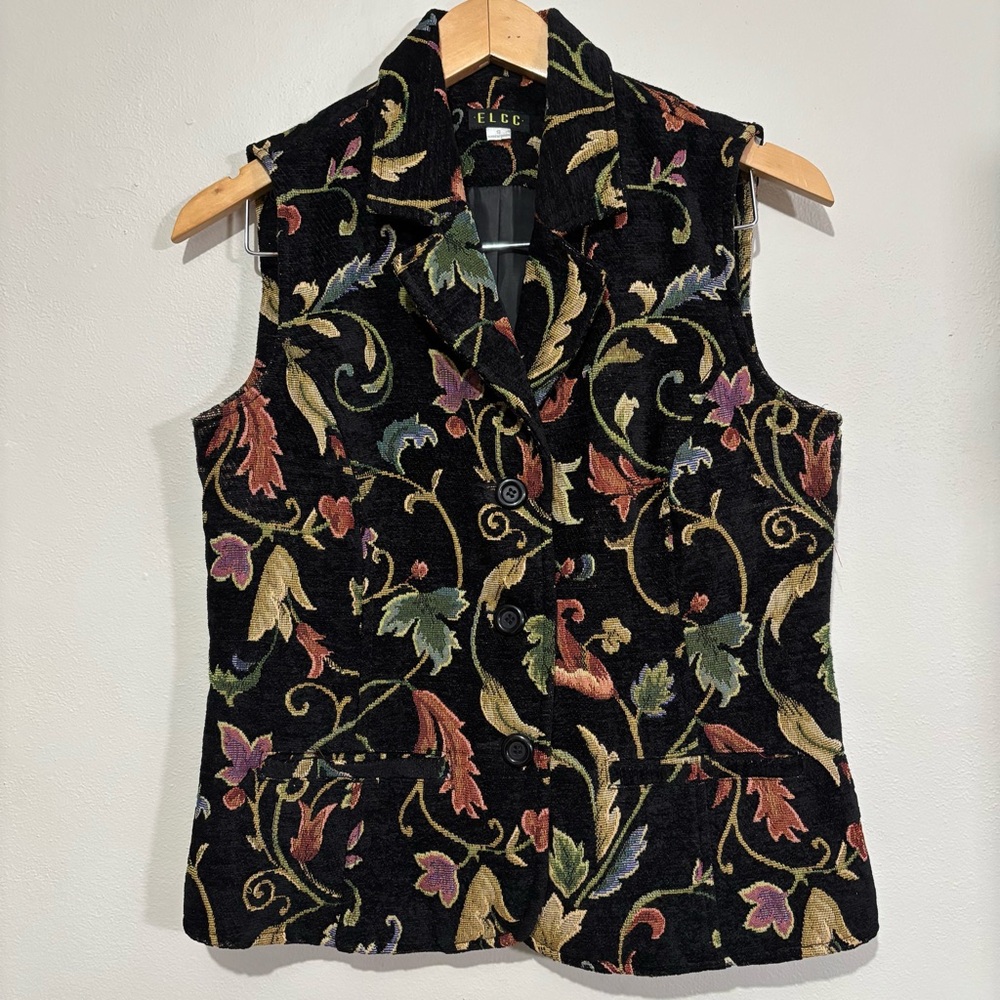 ELCC Vintage Tapestry Vest Size Small Velvet Floral Brocade Black Multicolor
